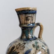 Antique 18th-century ceramic vase, hand-painted, Near Eastern design with floral motif and handle, small decorative art piece, gift idea.