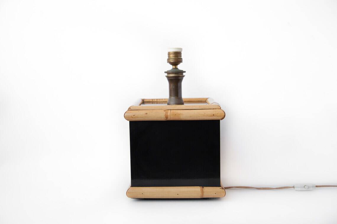 Tommaso Barbi style lamp, table lamp, living room lamp, black lacquered and bamboo square foot lamp