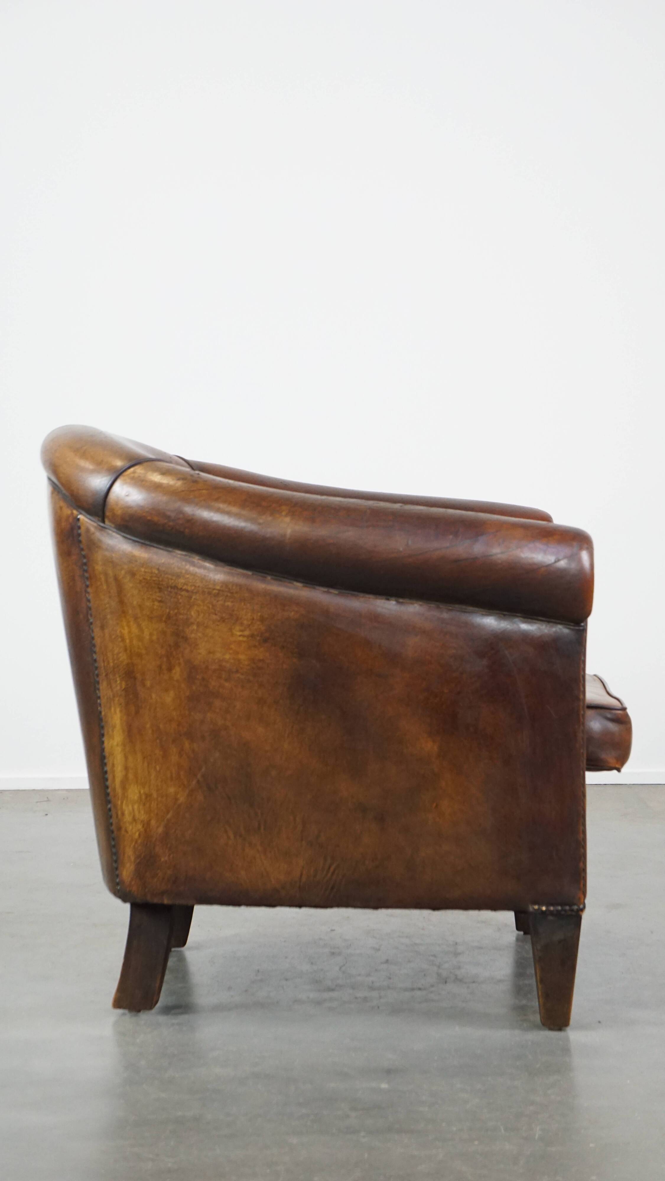 Cognac-Colored Vintage Sheepskin Leather Club Armchair