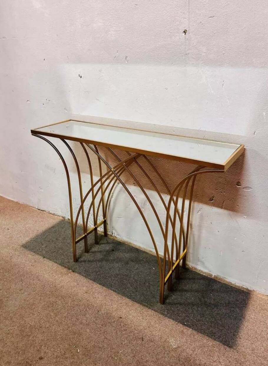 Consolle in ferro dorato con piano in specchio – Italia, anni '80