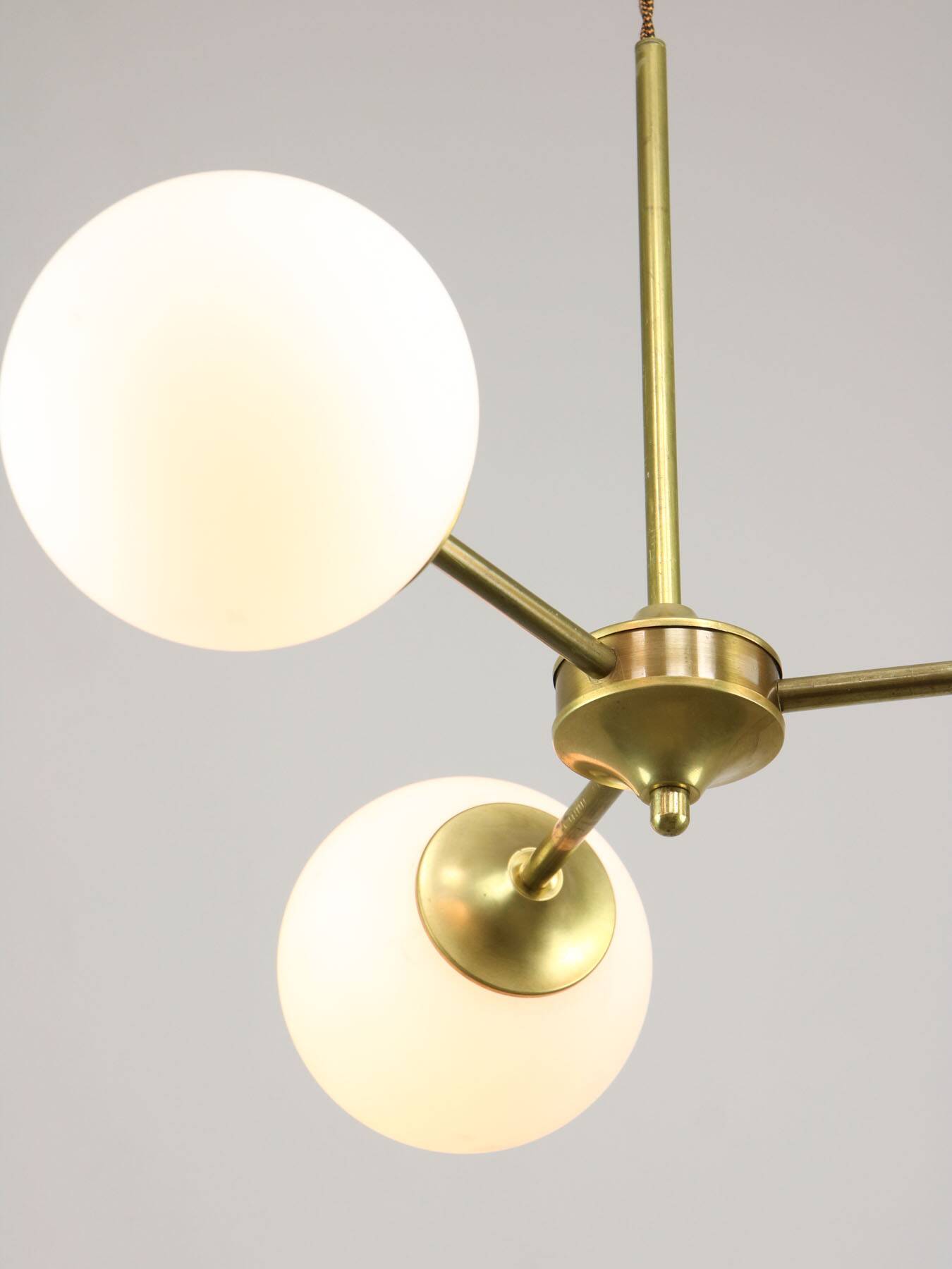Italian Mid century Modern Chandelier in Brass and Opaline Glass, 1960s