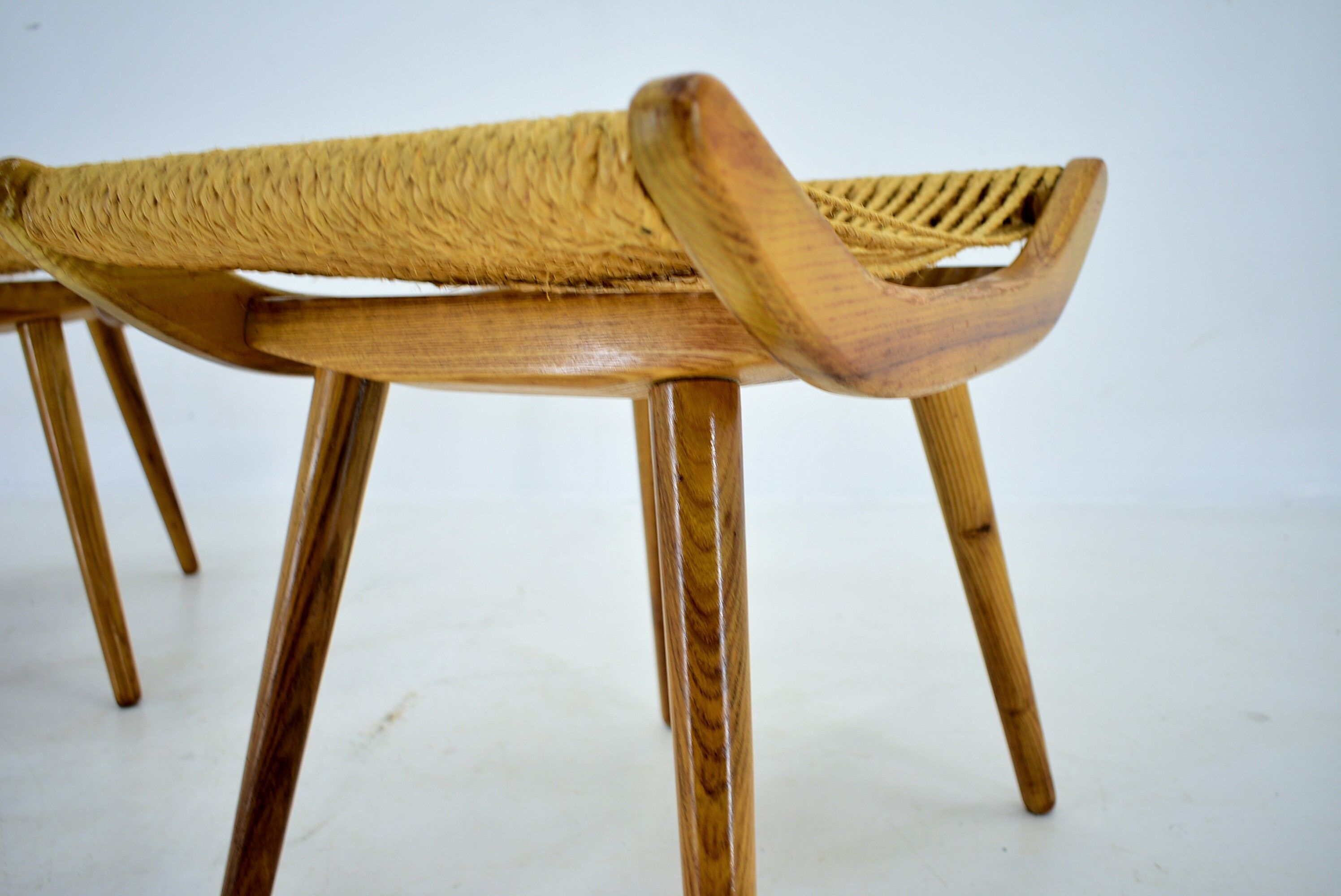 Pair of beech straw stools, 1960s, Czechoslovakia
