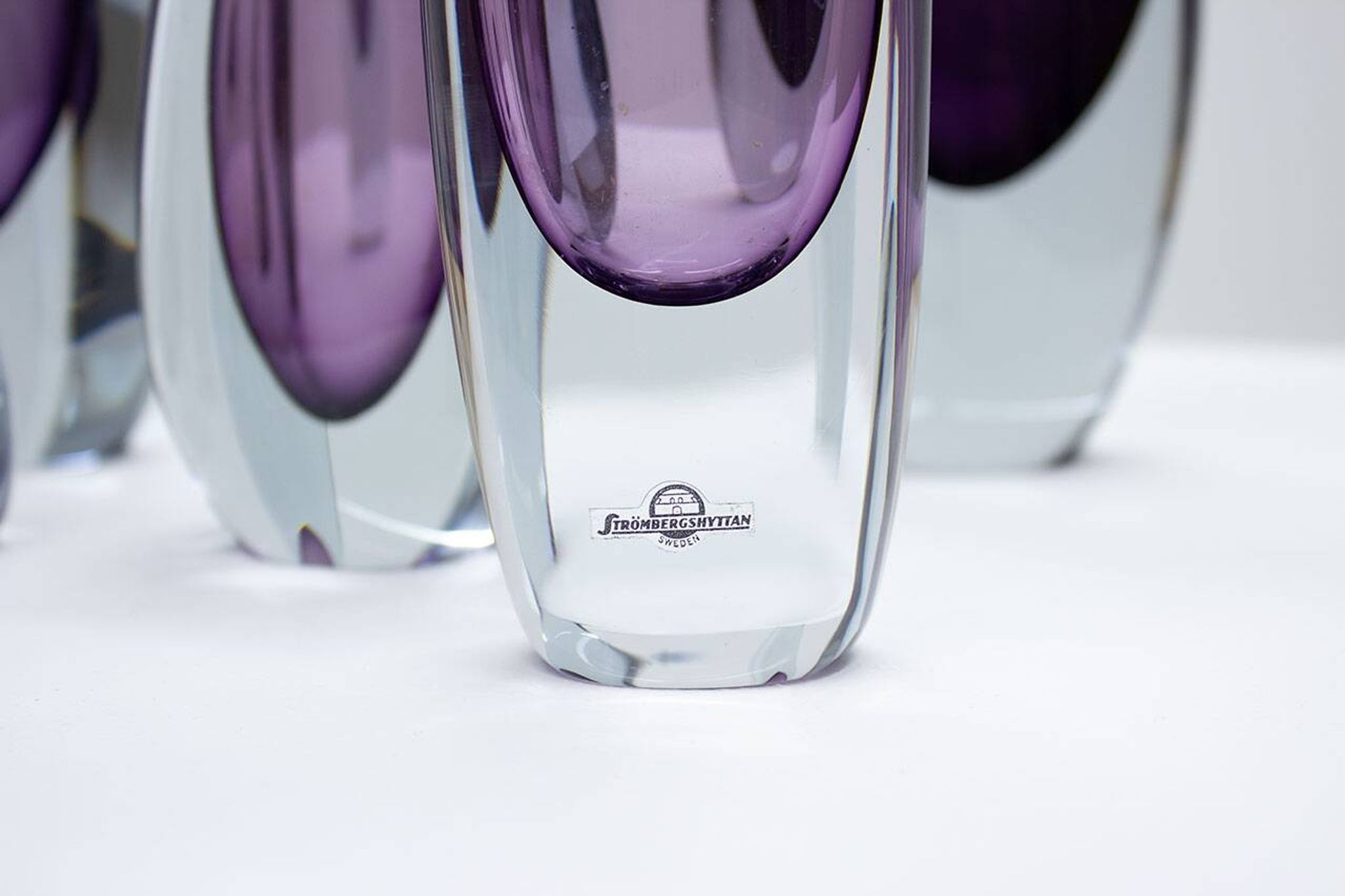 Group of 7 glass "Sommerso" vases by Strömbergshyttan, Sweden
