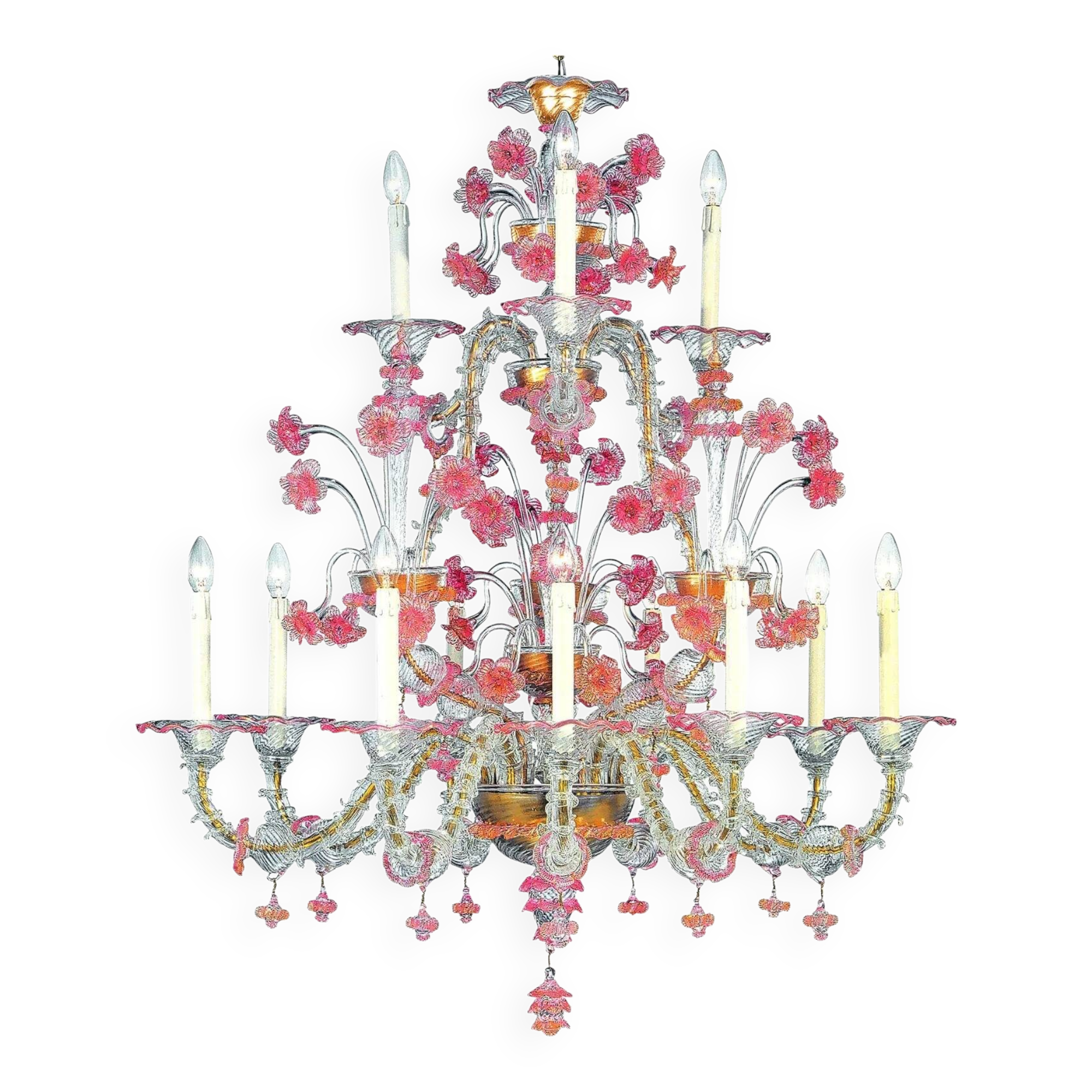 Luxury Pink and Transparent Venetian Murano Glass Chandelier