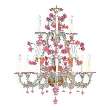 Luxury Pink and Transparent Venetian Murano Glass Chandelier