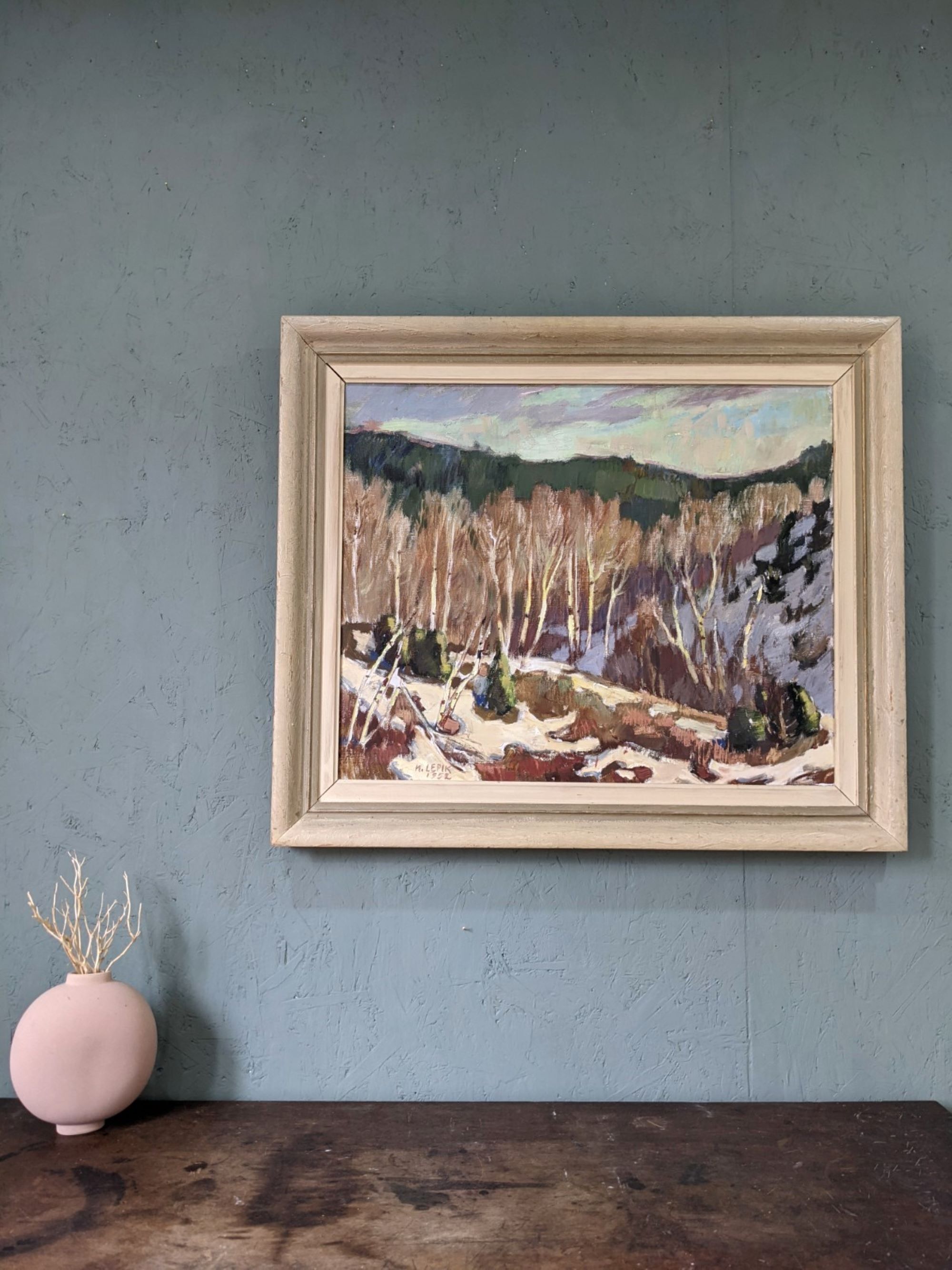 1952 Mid-Century Modern Swedish "Alp Trees" Vintage Winter Landscape Oil Painting, Framed