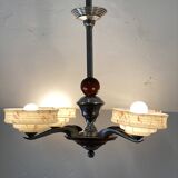 Art Deco chandelier in wood, chrome metal, and glass.