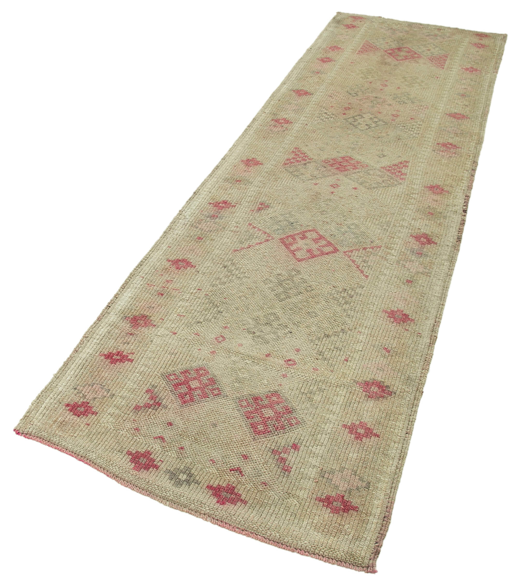 Hand-knotted turkish beige runner carpet 89 cm x 310 cm