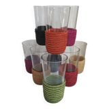 set of 9 small glasses with colored rattan support from the 70s