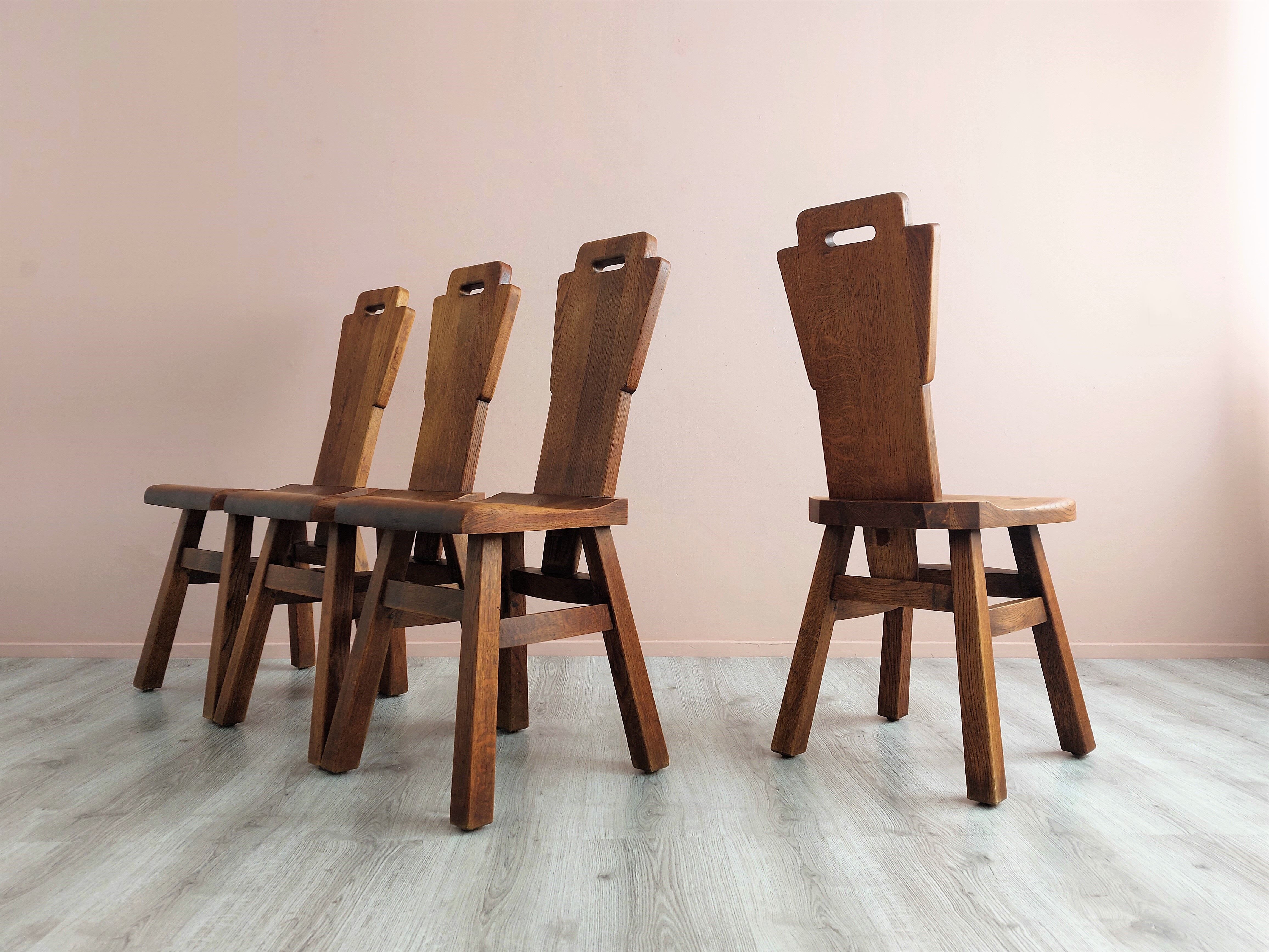Set of 4 Belgian Brutalist Oak Dining Chairs.
