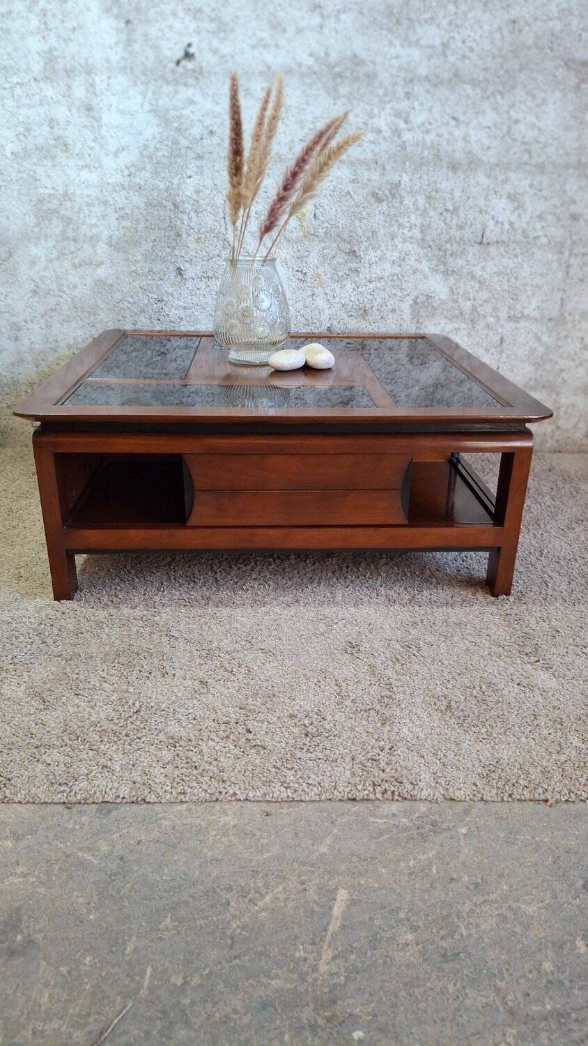 Table basse carrée bois massif plateau avec verre noir 100x100 cm