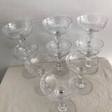 Lot of 9 champagne glasses in cut crystal engraved 1930