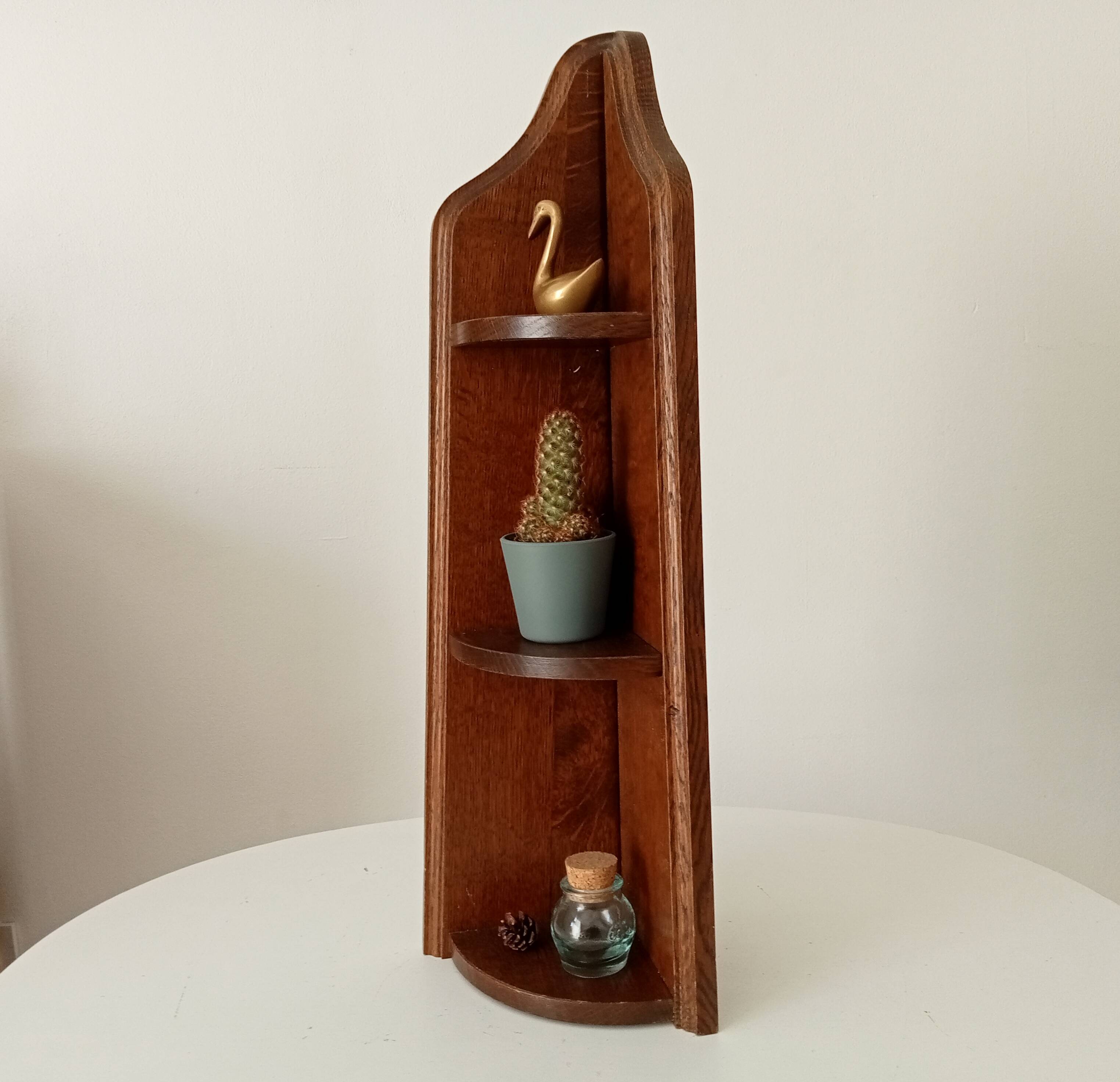 Vintage corner wall shelf in solid oak