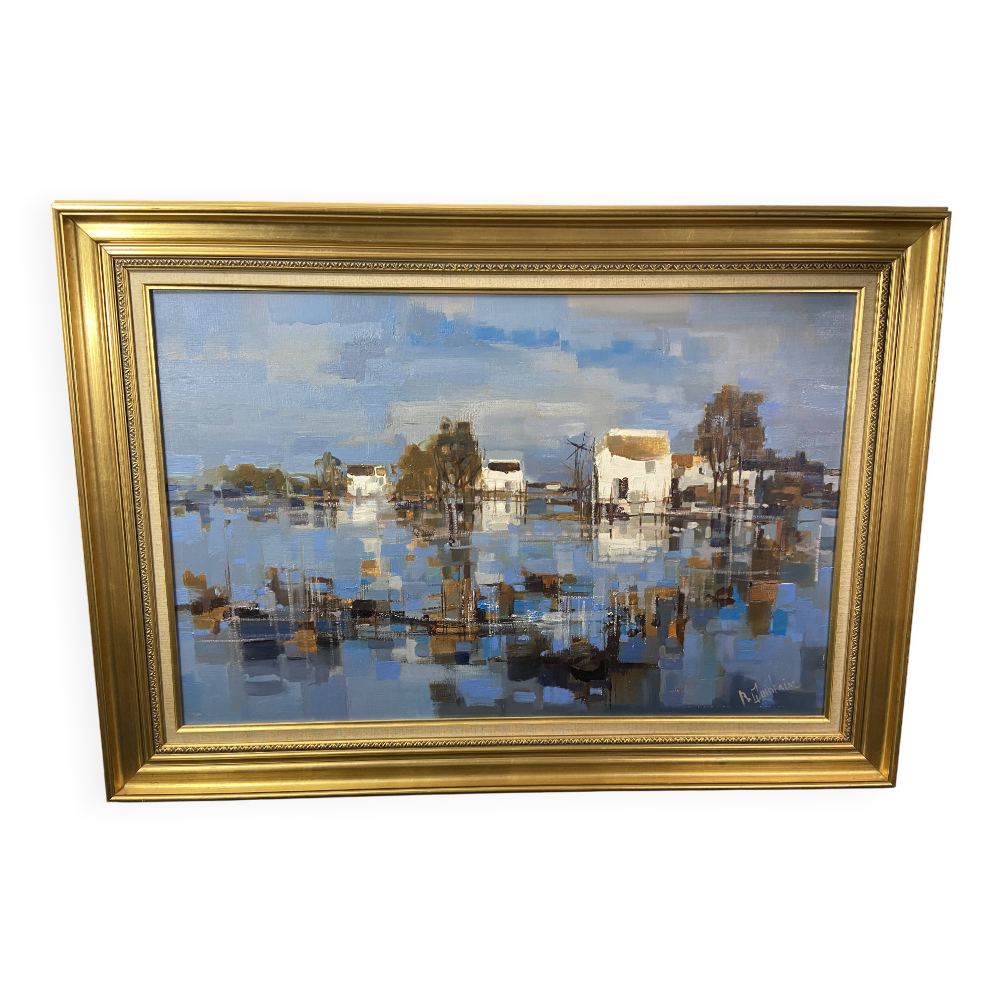 Large oil painting on canvas Camargue landscape Roger QUINTAINE 1921-2005