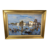 Large oil painting on canvas Camargue landscape Roger QUINTAINE 1921-2005