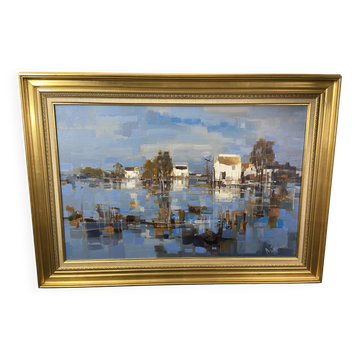Large oil painting on canvas Camargue landscape Roger QUINTAINE 1921-2005