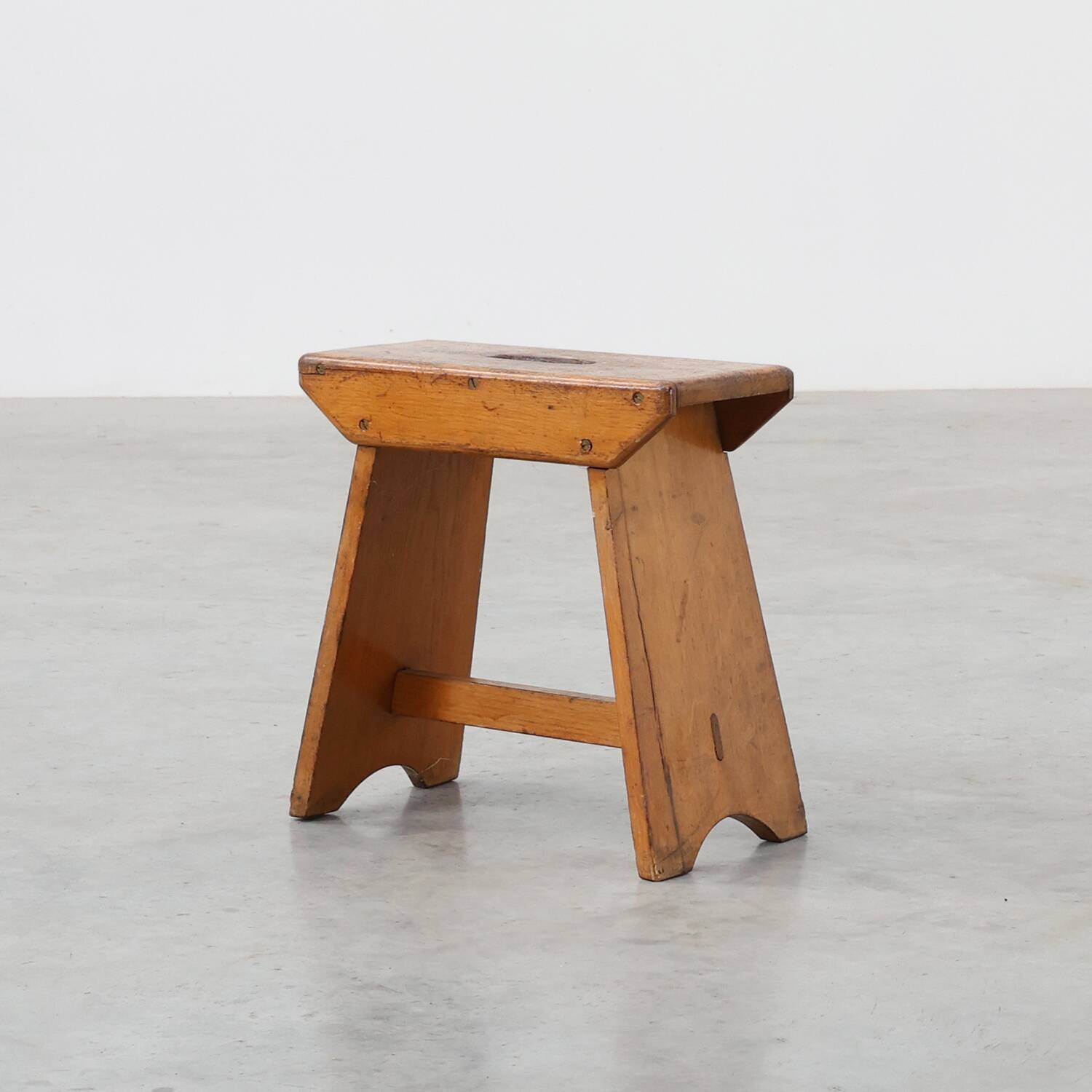 Rustic Pine Stool with Cut-Out Trestle Legs, Sweden, circa 1920