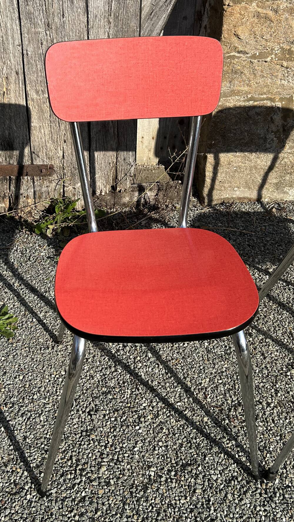 Red Formica table, 4 matching Formica chairs, vintage, 60s.
