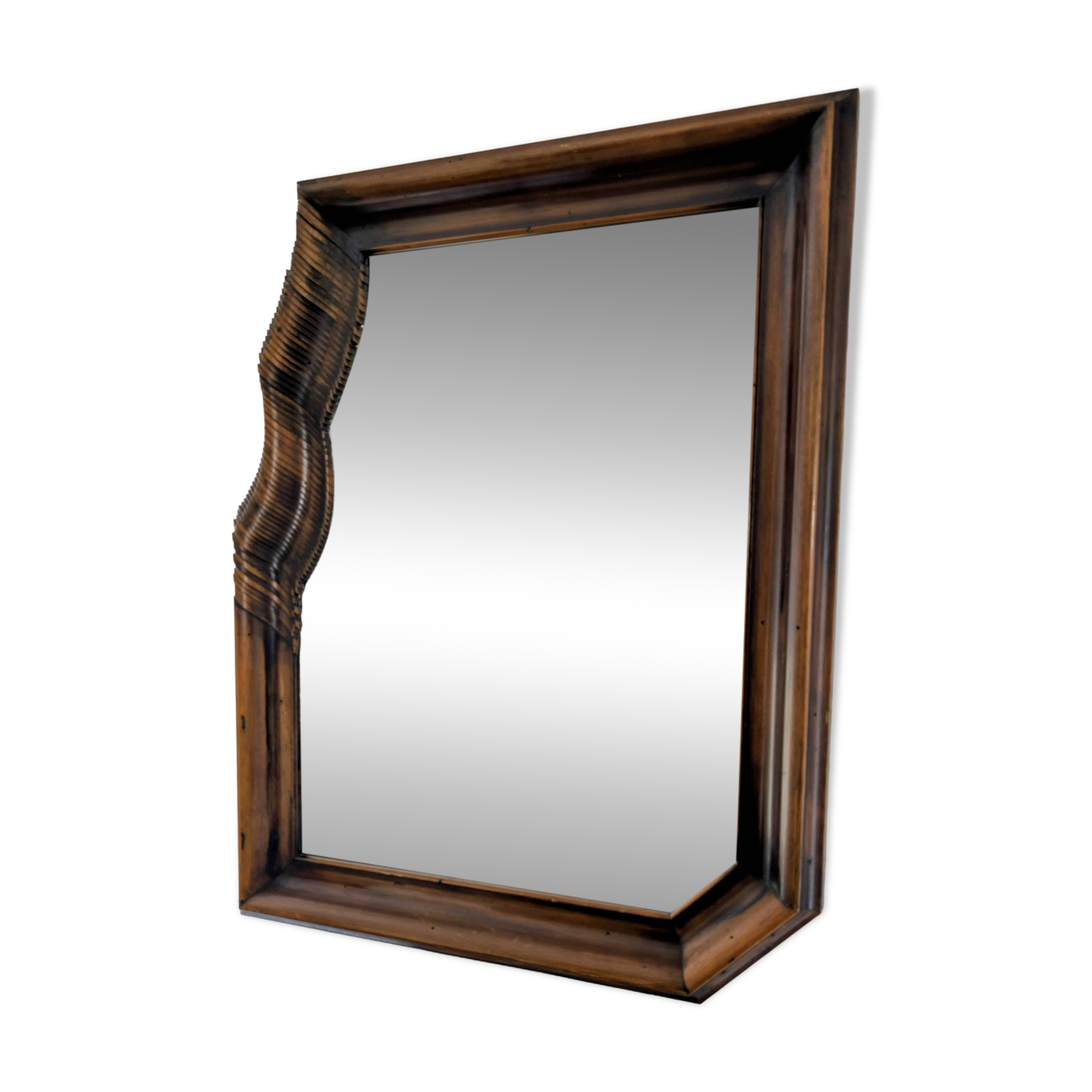 Large wooden wall mirror - wavy carving and natural patina