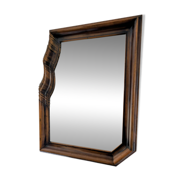 Large wooden wall mirror - wavy carving and natural patina