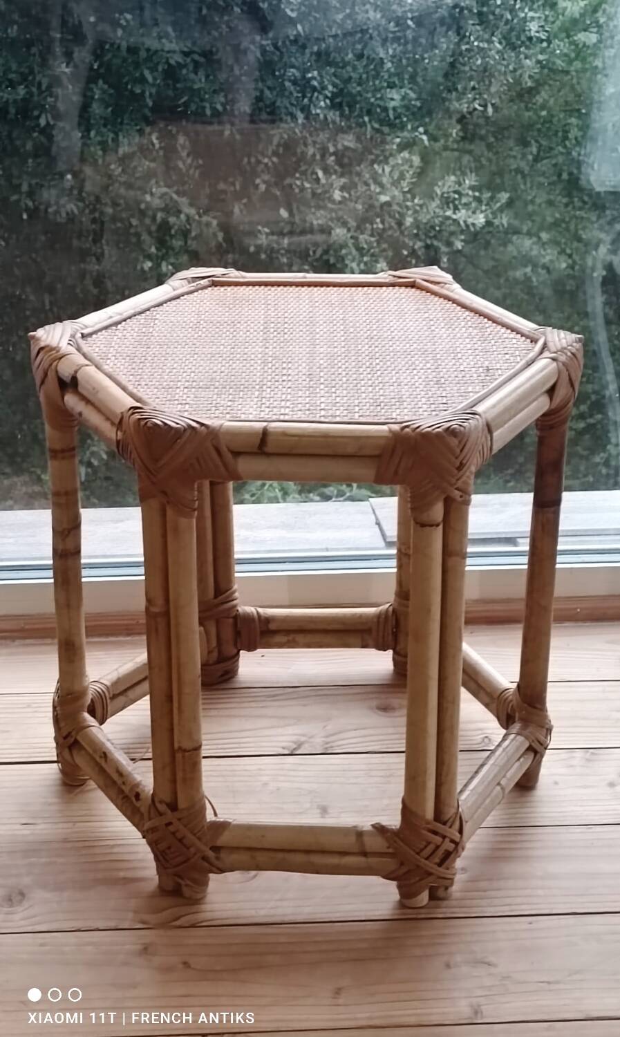 Vintage side table in rattan and bamboo, France, hexagonal.