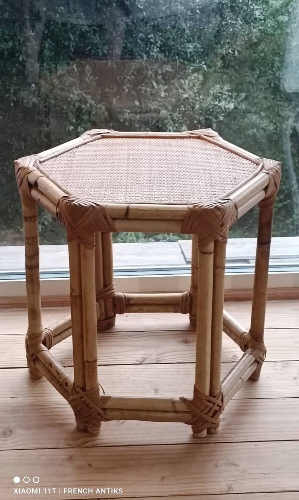 Vintage side table in rattan and bamboo, France, hexagonal.