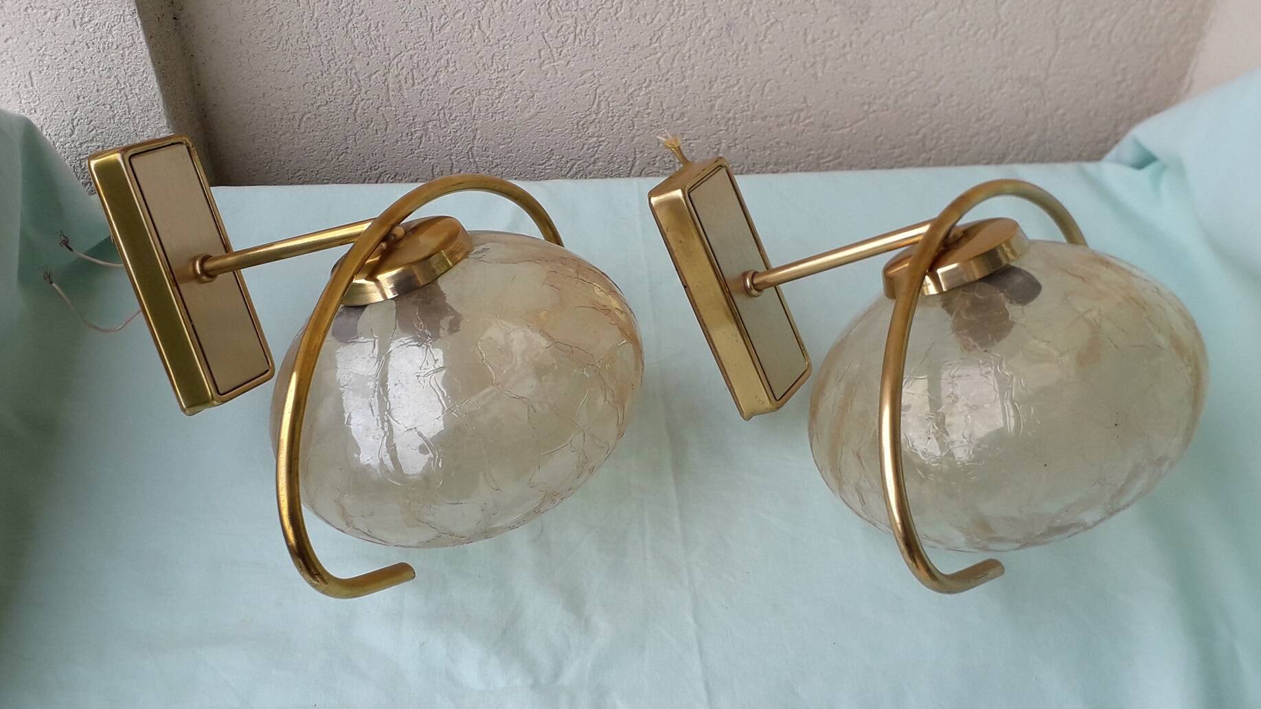 Pair of brass and glass wall lights