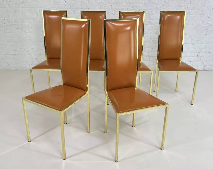 Set of 6 brass and leather chairs, Italian design from the 70s