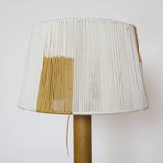 Wooden candle holder mounted as a lamp and its rope shade, 47.5cm.