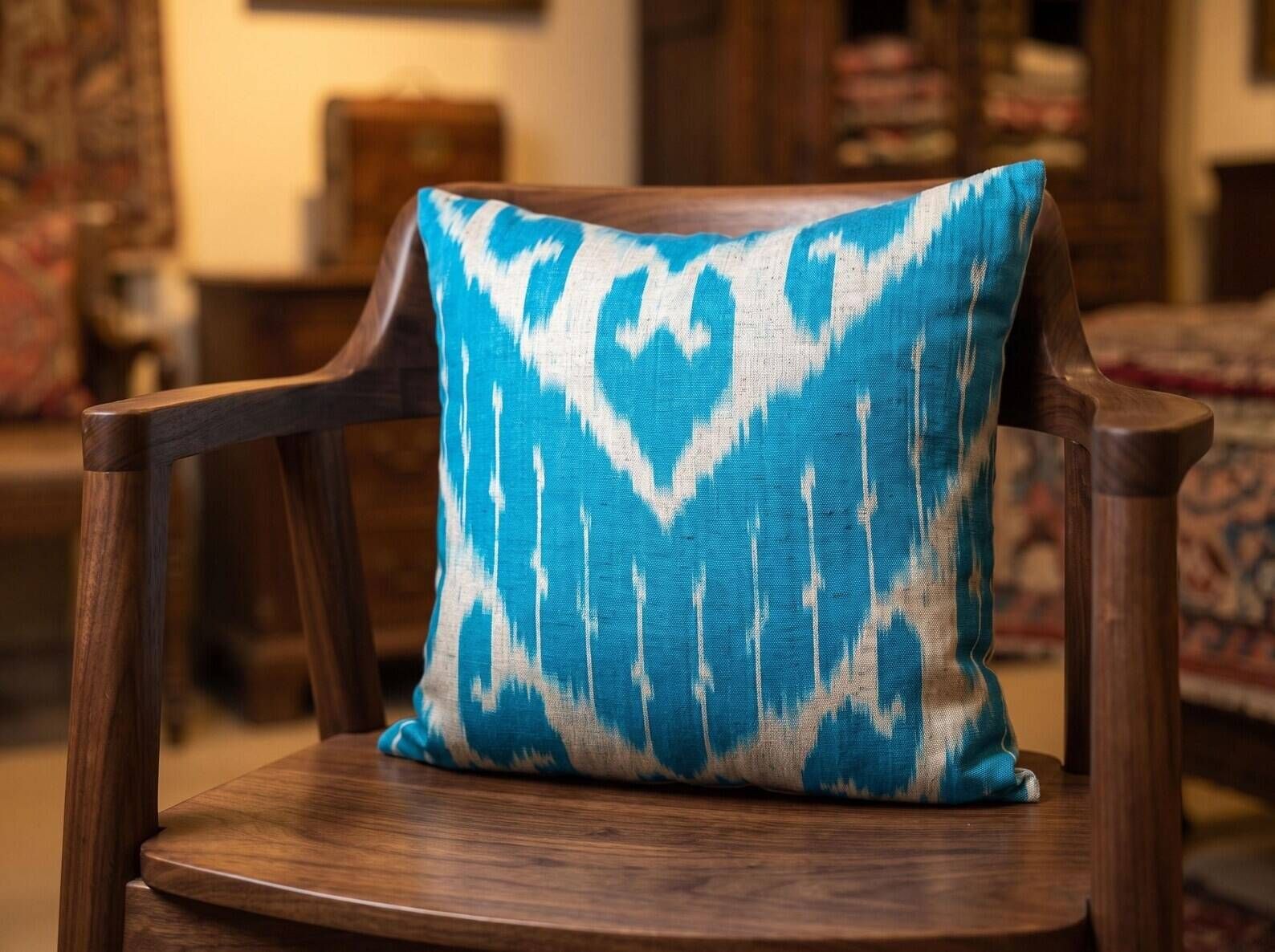 Vintage Silk Ikat Square Cushion Cover, Sky Blue White Arch Medallion 16x16