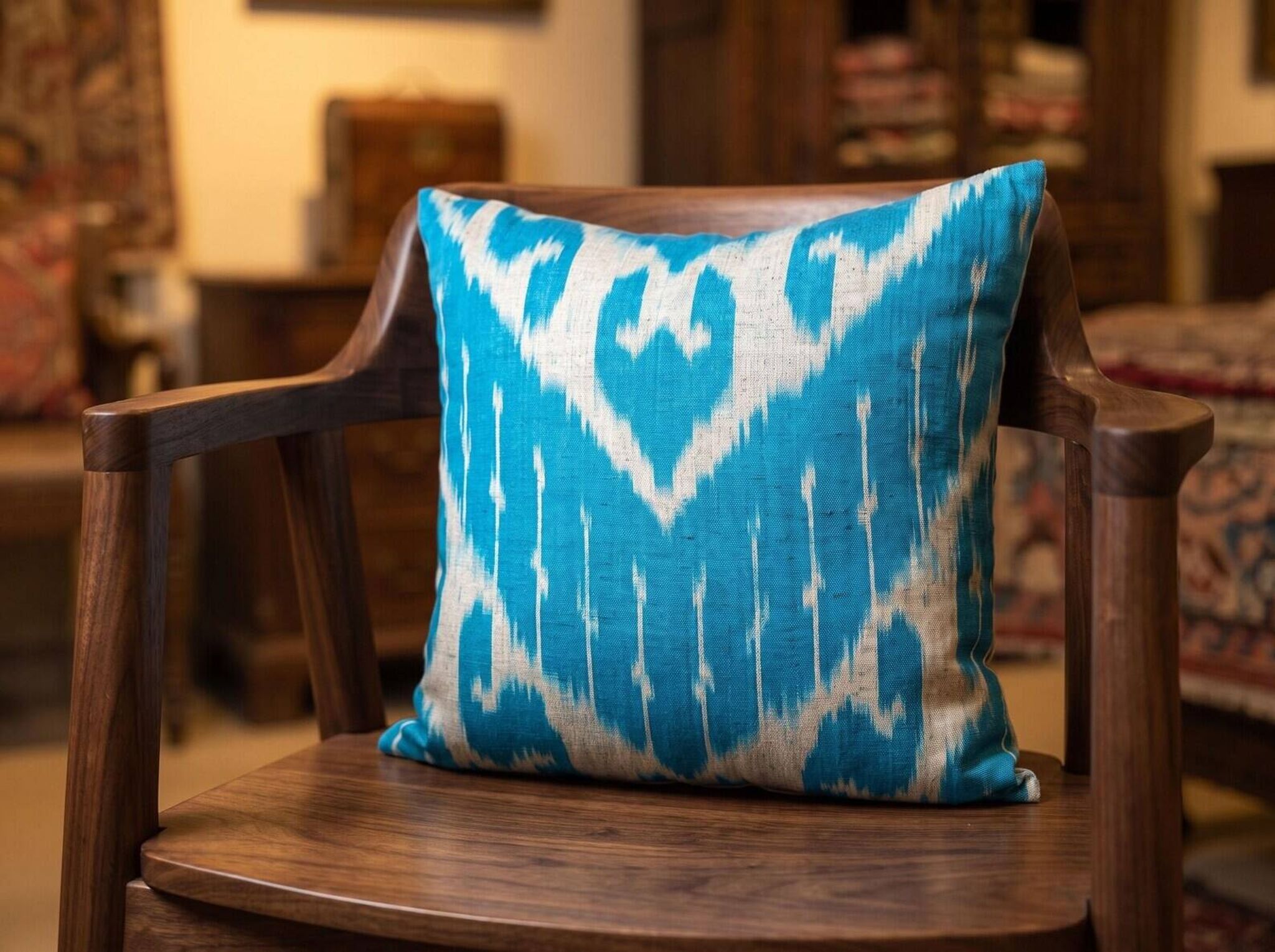 Vintage Silk Ikat Square Cushion Cover, Sky Blue White Arch Medallion 16x16