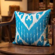 Vintage Silk Ikat Square Cushion Cover, Sky Blue White Arch Medallion 16x16