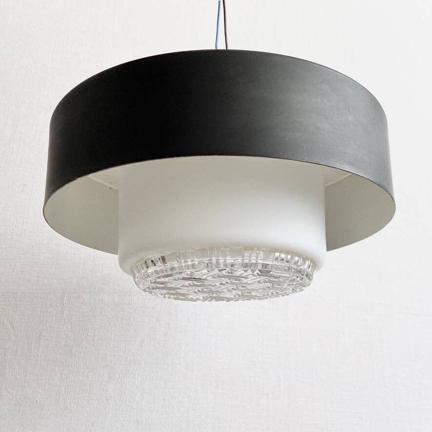 Holophane Ceiling Light Vintage 60s Black Metal and Frosted Glass Crafted