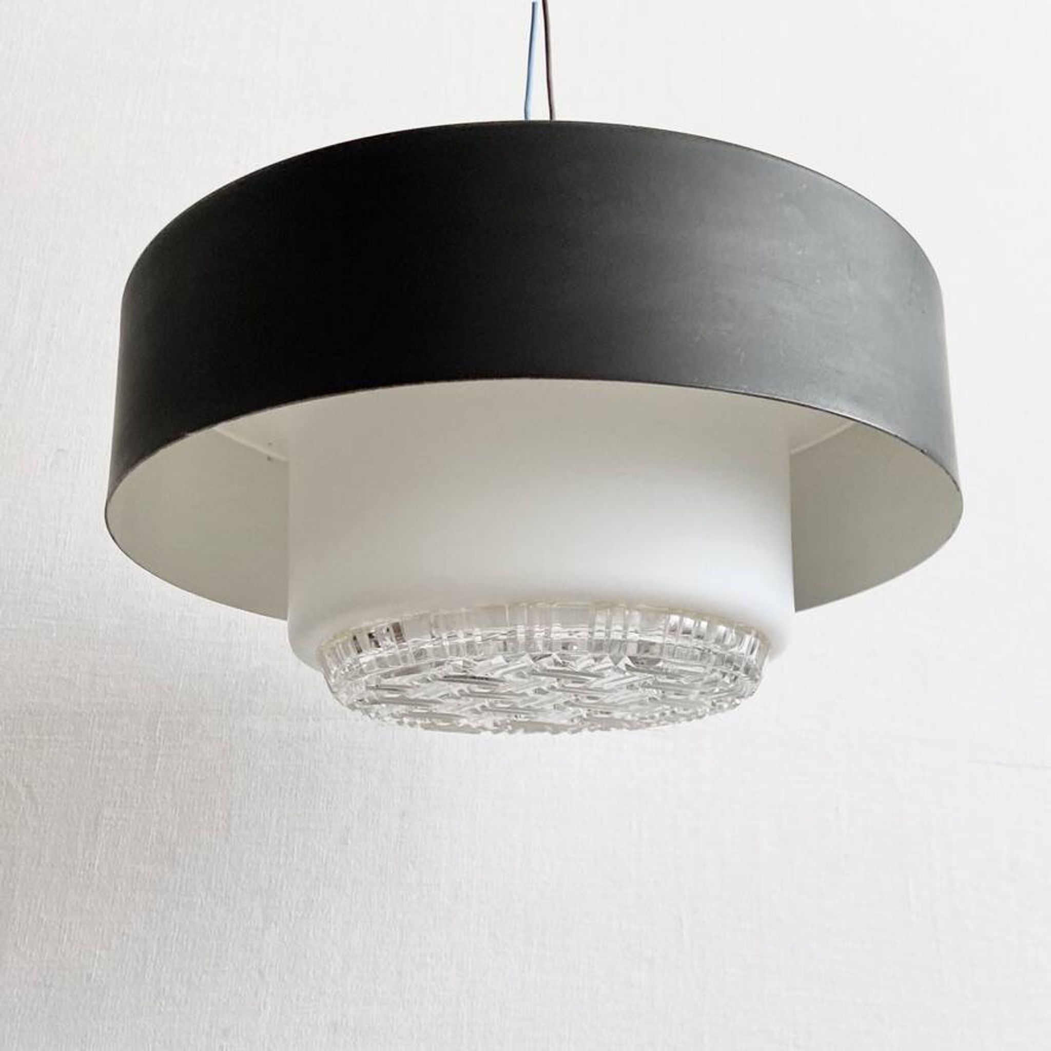 Holophane Ceiling Light Vintage 60s Black Metal and Frosted Glass Crafted