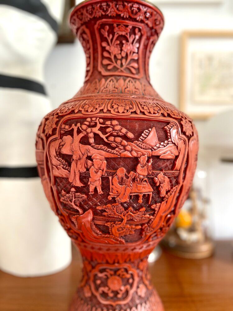 Asian metal vase and red resin