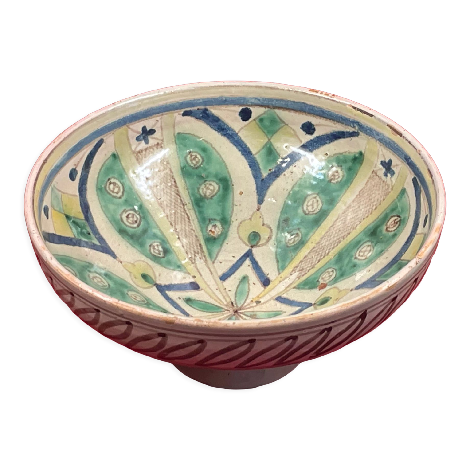 Standing cup Mokhfia polychrome ceramic Turtle Tronja Fez Morocco XXth