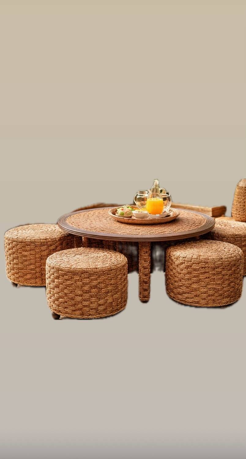 Coffee table and 4 stools in the style of Audoux & Minet.