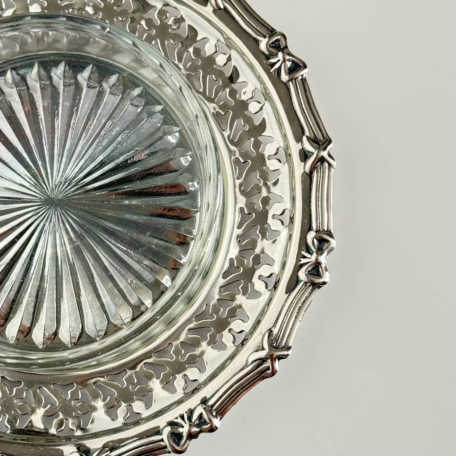 Silver metal ramekin with glass insert, ribbons, bows