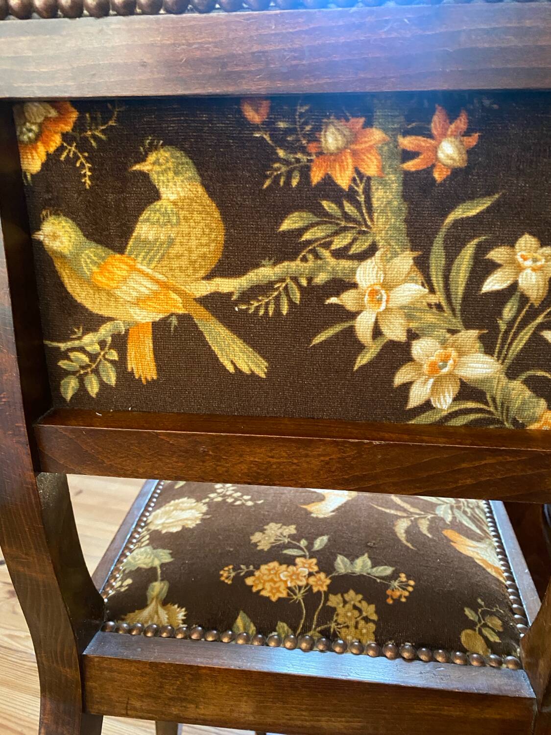 Set de 2 chaises vintage en velours oiseaux 1960-1970, état comme neuf.