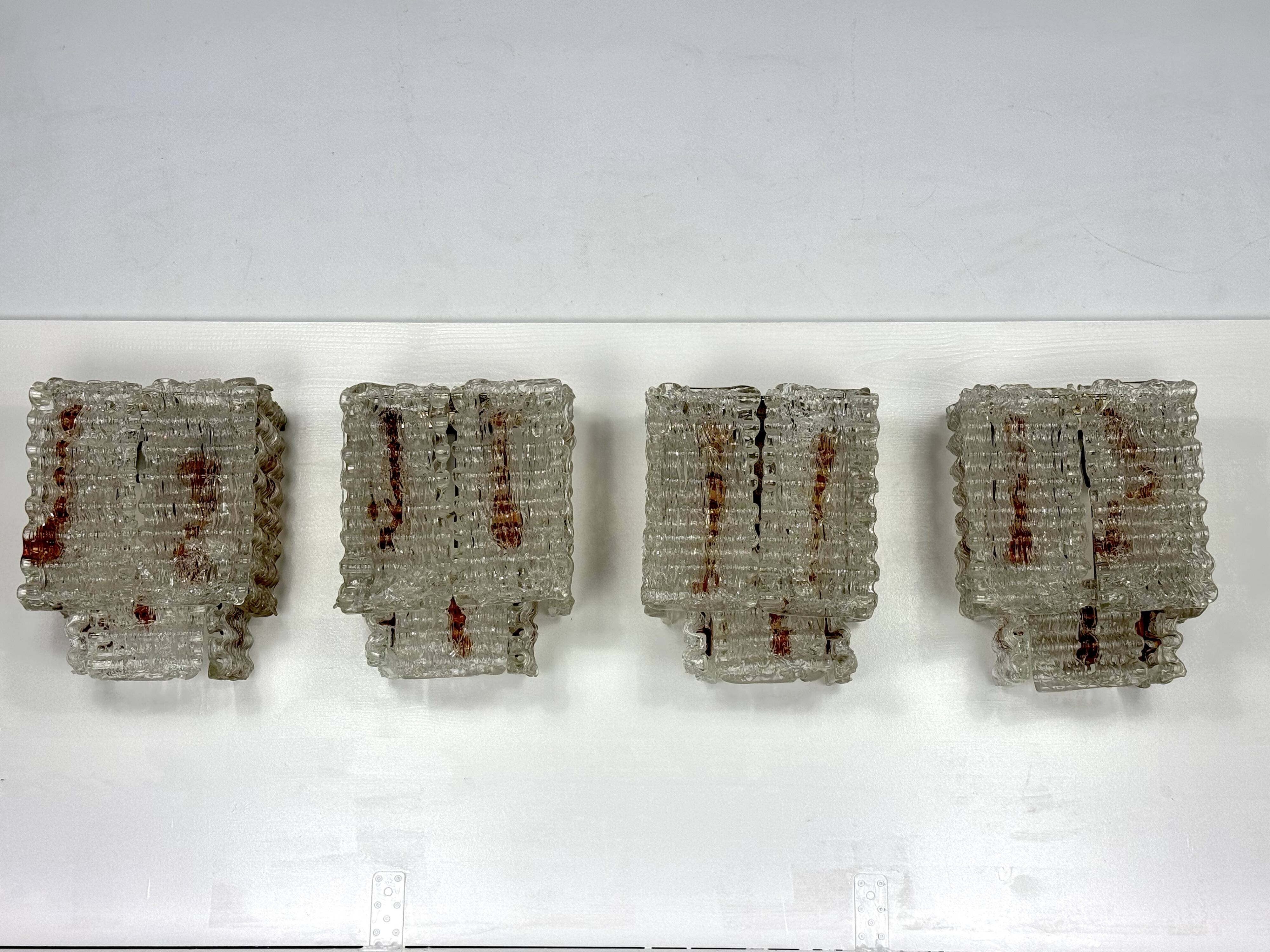 Set of four large wall lamps in murano glass elements by Poliarte. Italy 1970s