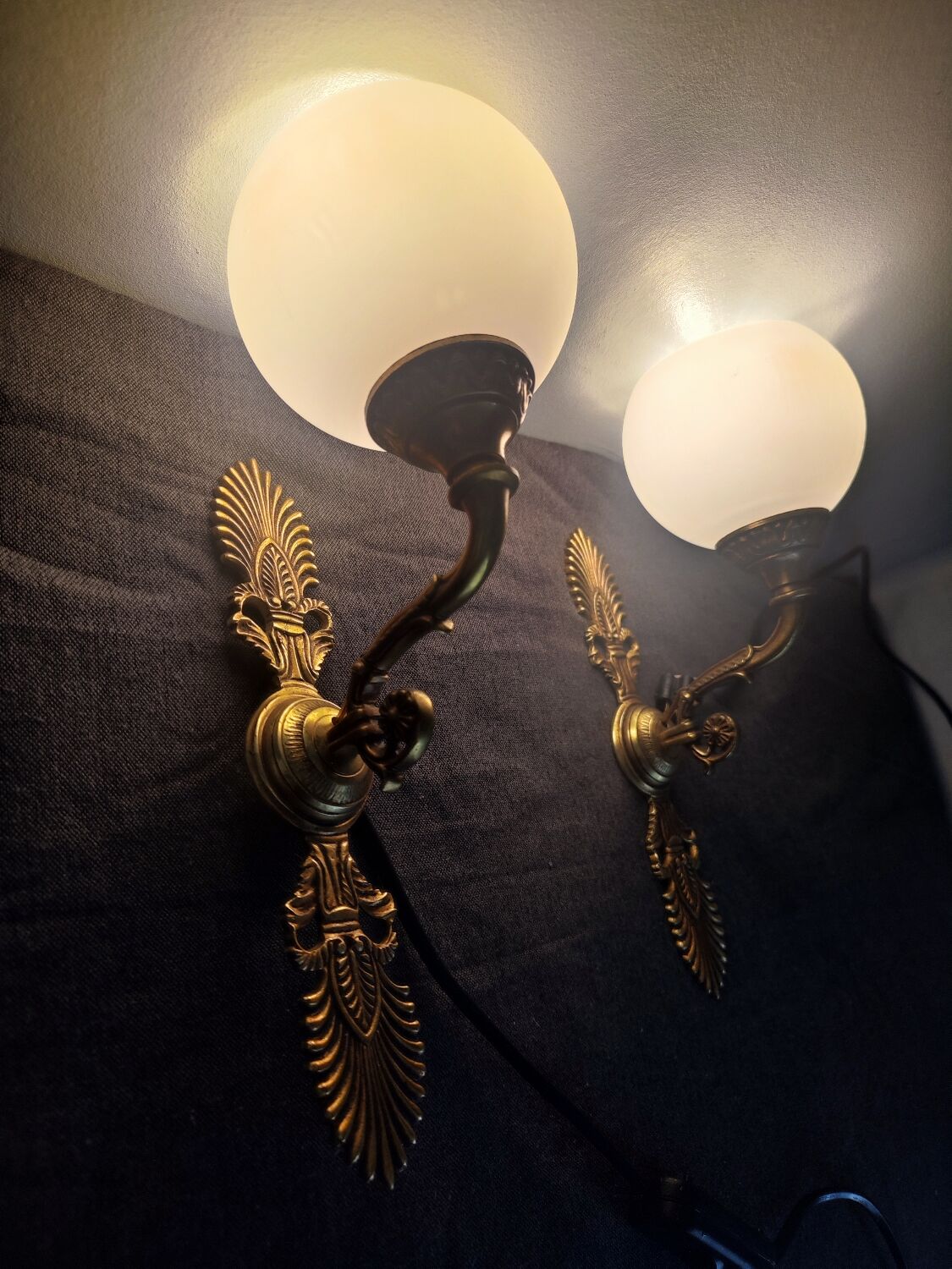 Pair of vintage brass and opaline wall lights