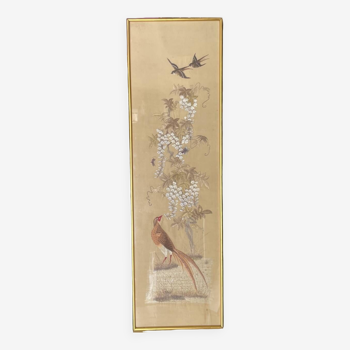 broderie asiatique faite main, décor d'oiseaux, sous verre