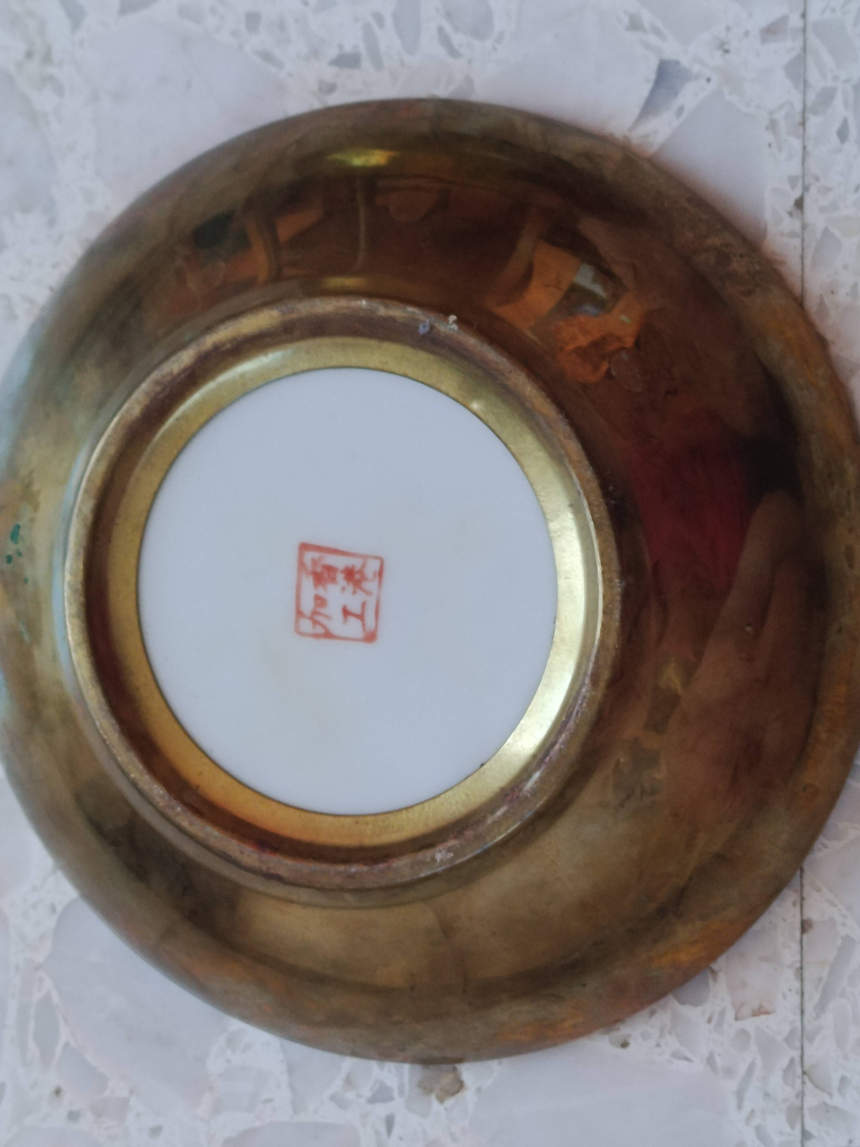 CHINA 20th CENTURY PLATE + BOWL porcelain cloisonné motifs HONG-KONG stamp