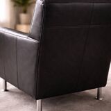 Modern Lounge Armchair with Matching Footstool — Black Leather