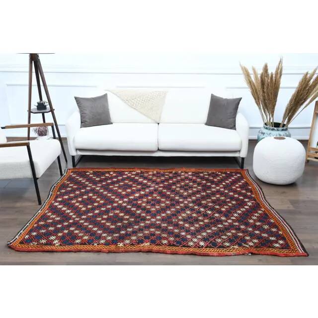 1970s Vintage Turkish Oushak Handmade Wool Cotton Red Runner Rug 161x214