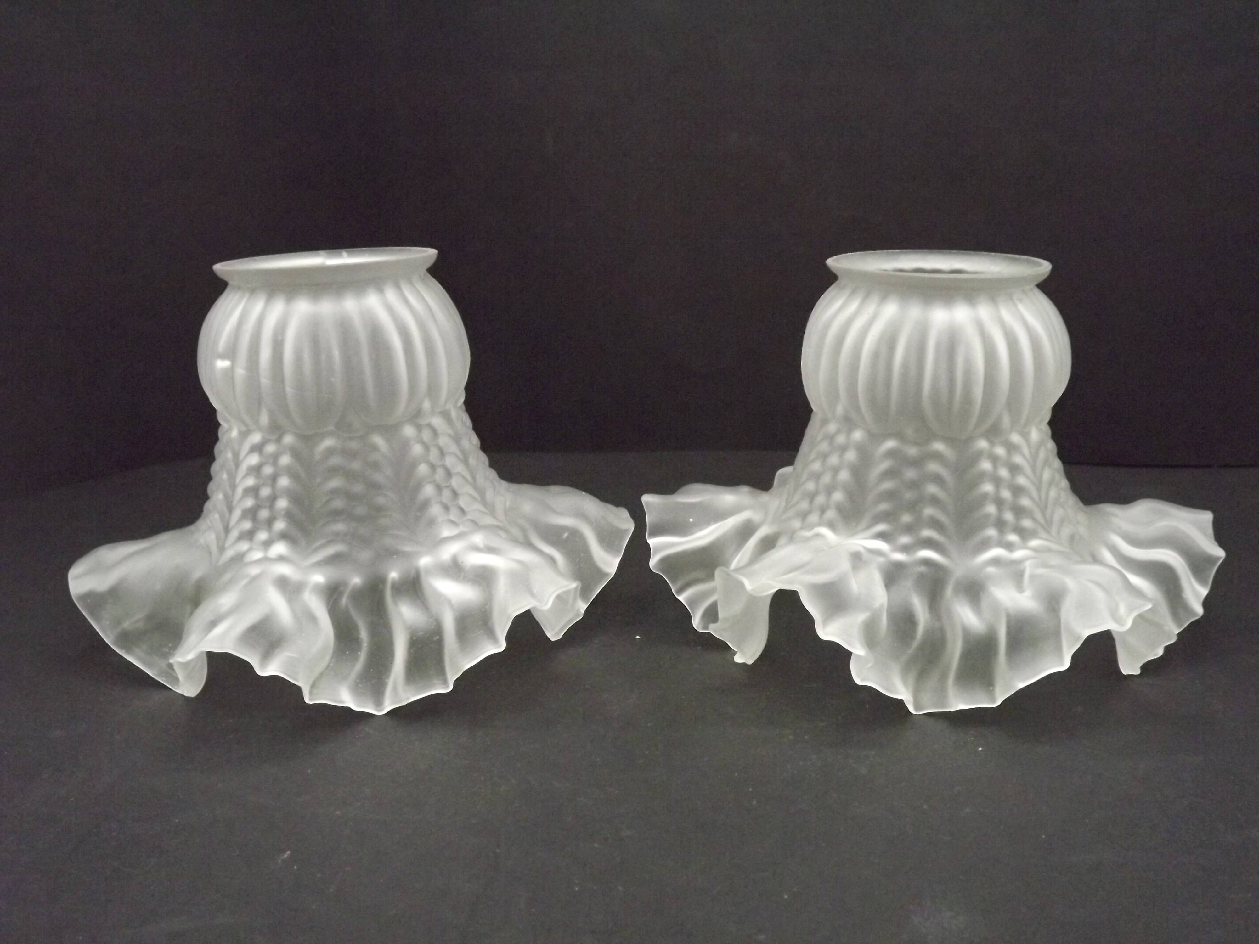 Pair French 1930s White Opaque Patterned Glass Replacement Shades 0161