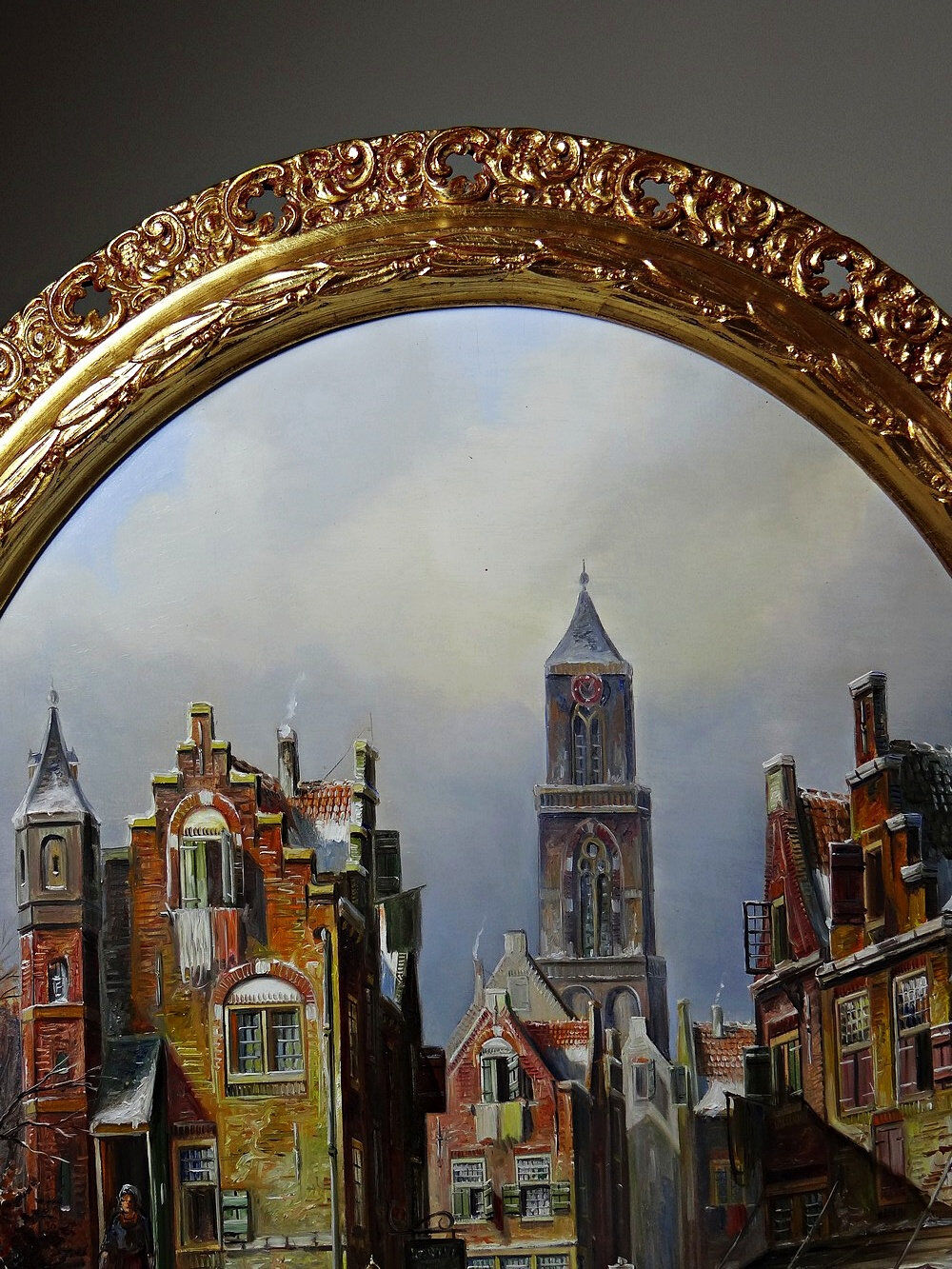 Large painting of an urban scene, oil on wood, framed, John Haanstra, vintage.