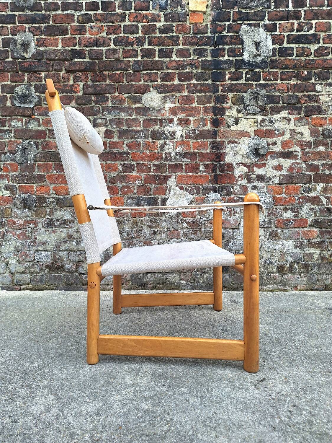 Vintage safari armchair, antique elm and linen seat furniture