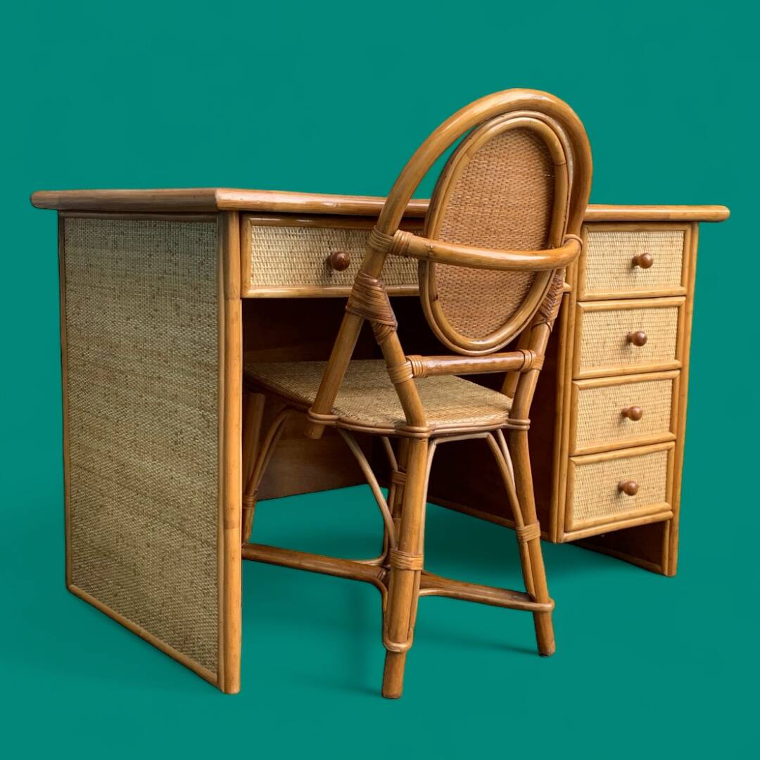 Vintage rattan and woven wicker desk 1970