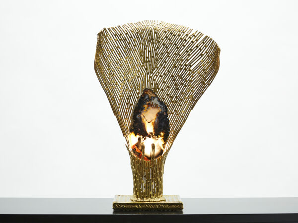 Lampe laiton pierres par Henri Fernandez pour Maison Honoré 1970